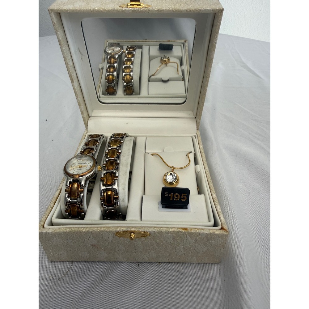 Waltham Watch Bracelet Necklace Set Two Tone Gold Silver Crystal Pendant Boxed